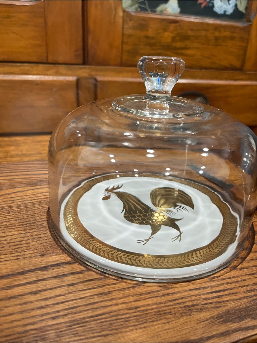 Vintage MCM Wooden Cheeseboard with Glass Dome & Rooster Design Cottagecore Farm - Picture 4 of 6